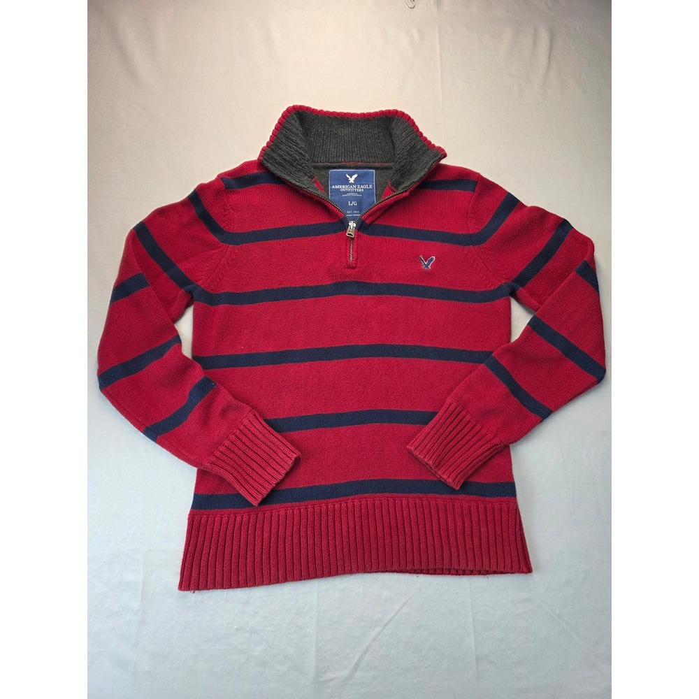 American Eagle Mens Large Red Navy Striped 1/4 Zip Cotton Knit Sweater
